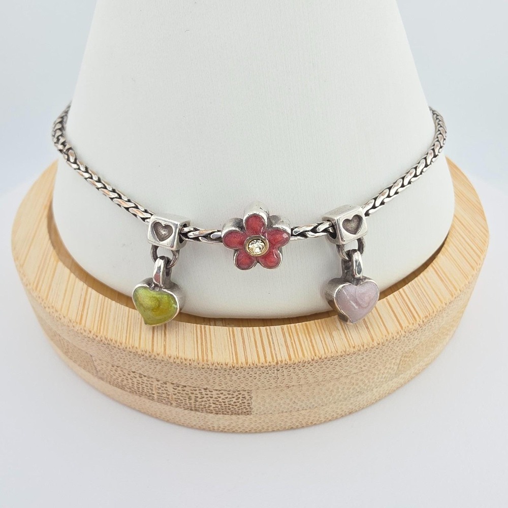BRIGHTON 'Havana' Anklet Crystal Enamel Flowers & Hearts Silver Plate 10"